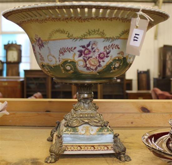 Crackle glazed type pottery metal mounted pedestal bowl, enamel/decorated